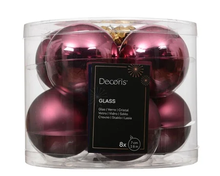 Kerstbalmix glas d7cm 8st donker roze