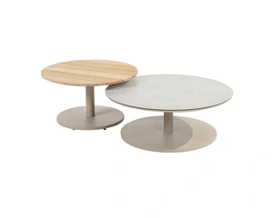 Sara SET of coffee tables central pole latte: 65and80cm with cer./teak top